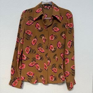 Etro Italian Silk Floral Button Up Long Sleeve Shirt Brown